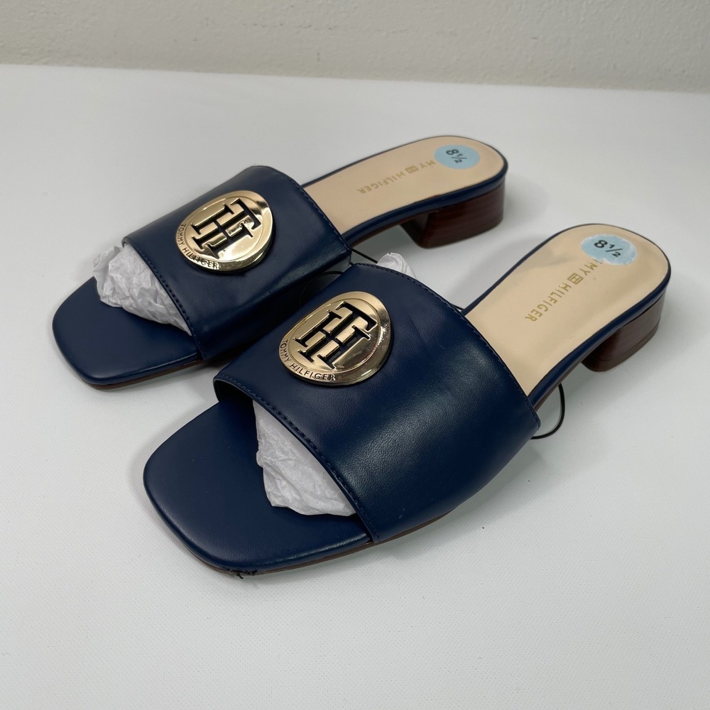 Tommy Hilfiger Mule Slide Heel Sandals Womens 8.5 Square Toe Navy Logo Medallion